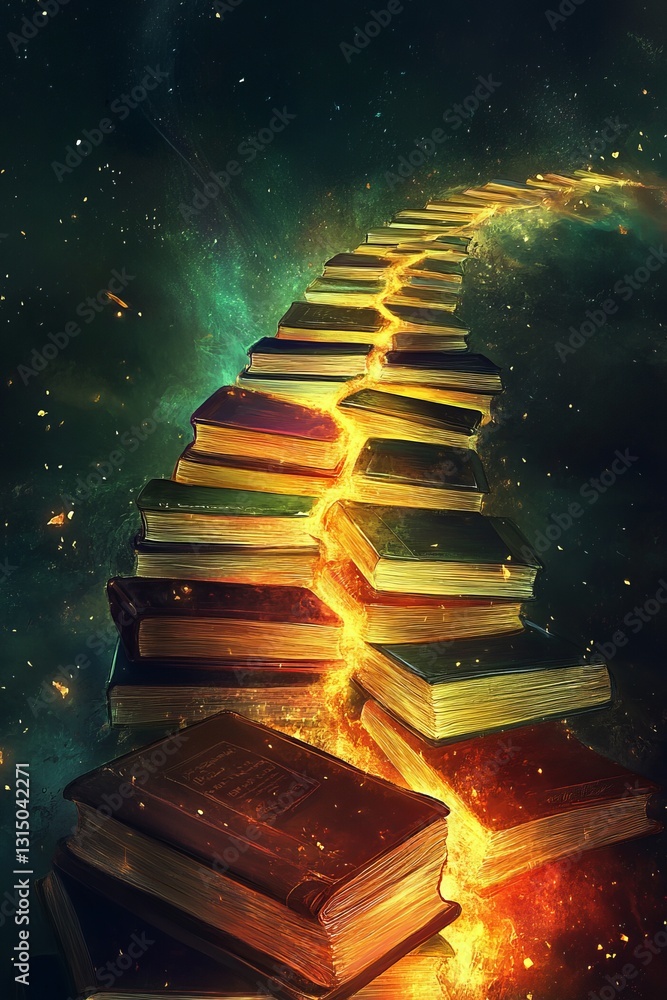 Poster a row of books is lit up with fire, creating a sense of mystery and intrigue. the books are arranged