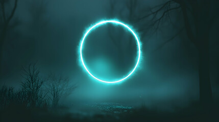 Naklejka premium Glowing neon circle in a dark, misty forest at night