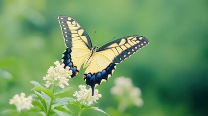 Fototapeta premium butterfly gently landing on a flower, vibrant colors, delicate and beautiful