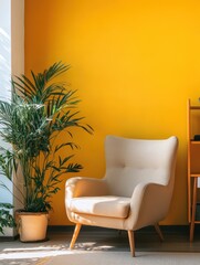 Cozy chair in front of a yellow wall with plants
