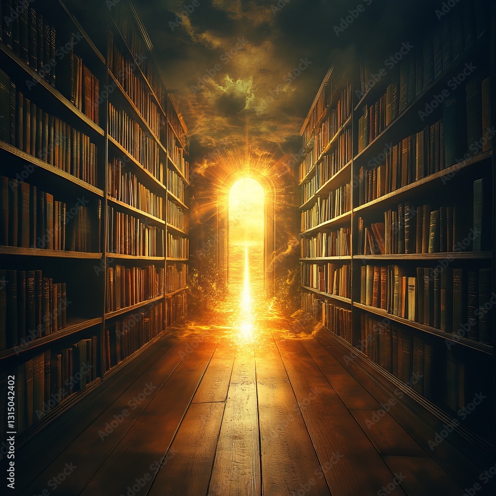 Poster a library with a large open door in the middle of the room. the light shining through the door creat