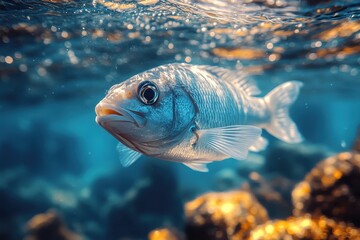 Obraz premium Vibrant fish swimming gracefully underwater with shimmering rocks in clear blue water at noon