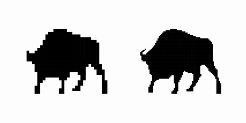Two buffalo silhouettes show strength and grace. their stances highlight their muscular build.