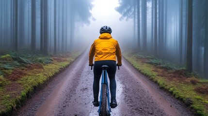 A cyclist riding through a misty forest trail at dawn, cinematic and adventurous