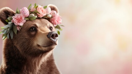 Obraz premium Charming bear wearing floral crown against soft pastel background. Easter, Pascha, Paskha, Ostern, Pascua, Paques - Orthodox and Catholic Holiday celebration