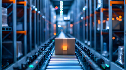 Cardboard Box Moving Along Conveyor Belt In Modern Automated Warehouse With Blue And Orange Lights