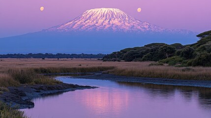 Majestic mountain, double moon, tranquil landscape