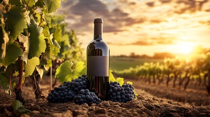 Fototapeta premium Red wine bottle with grapes in vineyard at sunset.