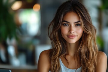 Obraz premium Young woman with long hair smiles warmly at cafe during bright daytime, surrounded by green plants and soft lighting