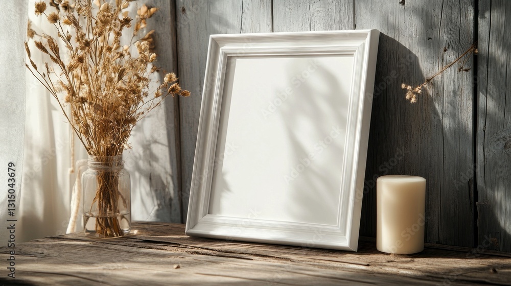 Poster Sunlight filters through soft drapes, casting shadows on a rustic wooden table featuring a blank frame and dried flowers. A candle adds warmth to this serene artistic space, inviting creativity