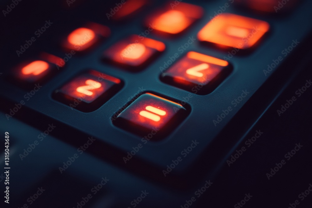 Poster close up view of an illuminated alarm system keypad in a dim office with glowing buttons creating a 