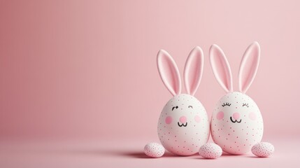 Obraz premium Cute easter bunnies with pink ears and whiskers on pastel background. Easter, Pascha, Paskha, Ostern, Pascua, Paques - Orthodox and Catholic Holiday celebration