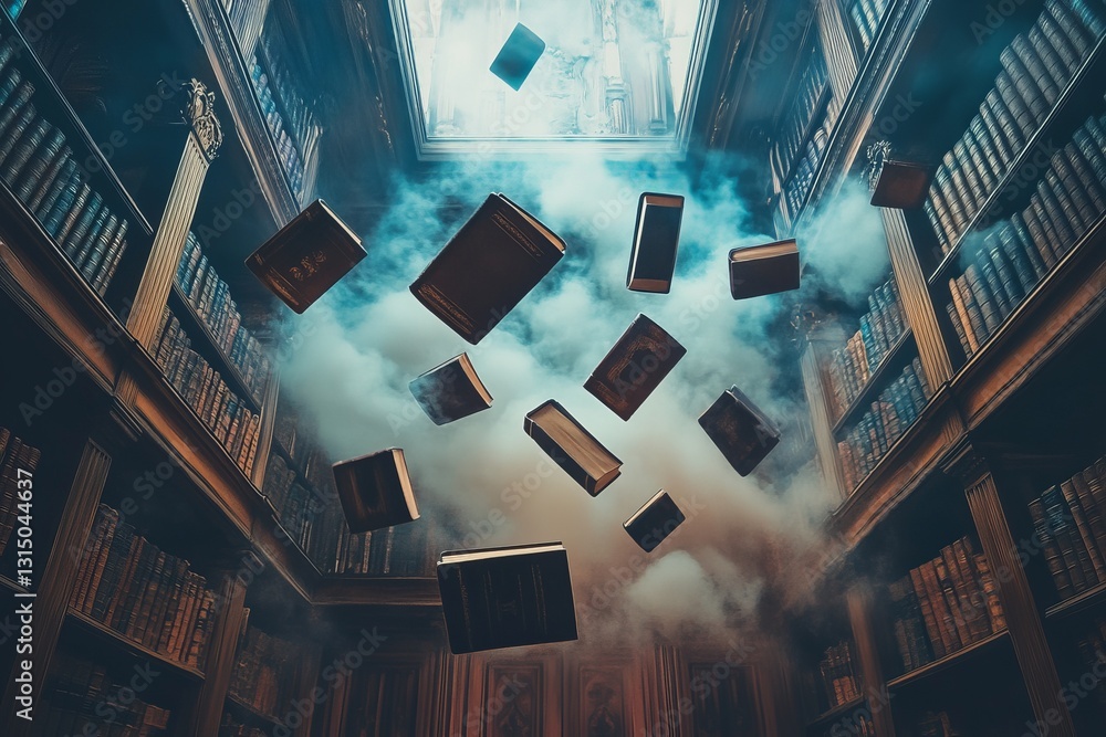 Poster a captivating library scene featuring floating books amidst a misty atmosphere. soft light filters d