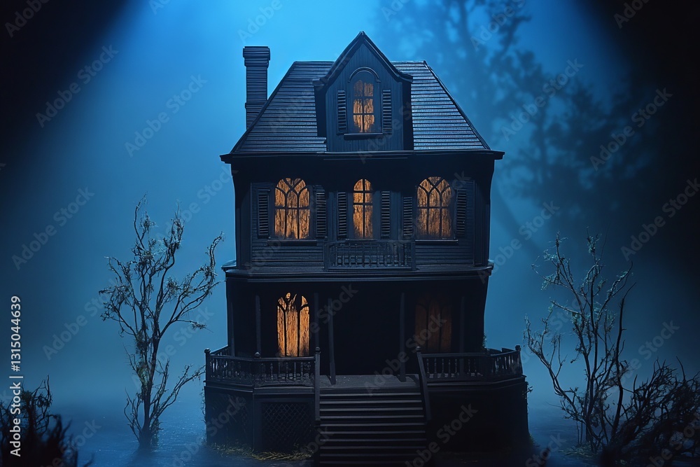 Poster a hauntingly beautiful image of a mysterious house enveloped in fog. ghostly silhouettes of trees fr
