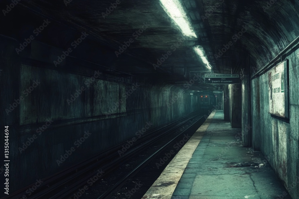 Poster a dark subway tunnel with a train on the tracks. the tunnel is empty and the train is the only thing