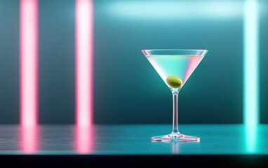 A perfectly crafted dry martini served in a sleek glass with a single green olive, placed on a glossy black counter