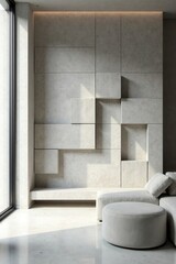 Modern Minimalist Living Room Design Featuring a Textured Concrete Wall and Neutral Upholstered Seating