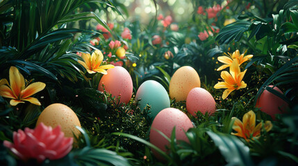 Colorful, decorated Easter eggs in pastel shades are scattered among blooming flowers in a lush garden. The festive arrangement captures the spirit of the holiday and playful egg hunting