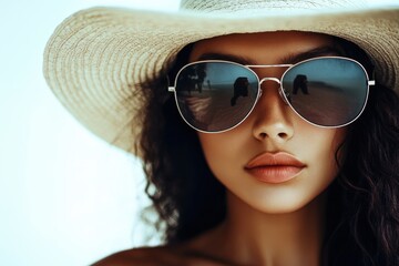Fototapeta premium A woman wearing sunglasses and a wide brimmed straw hat
