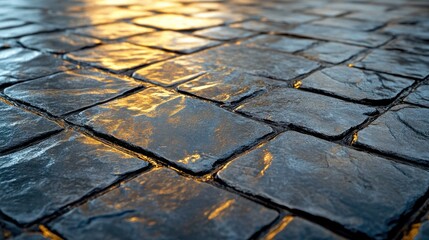 Close-up of textured stone pavement.  Warm light highlights the intricate detail and pattern of the cobblestones.