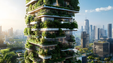 Obraz premium A forward-thinking city where skyscrapers are wrapped in vertical gardens, and energy-efficient green roofs are paired with public parks and green spaces for sustainability.