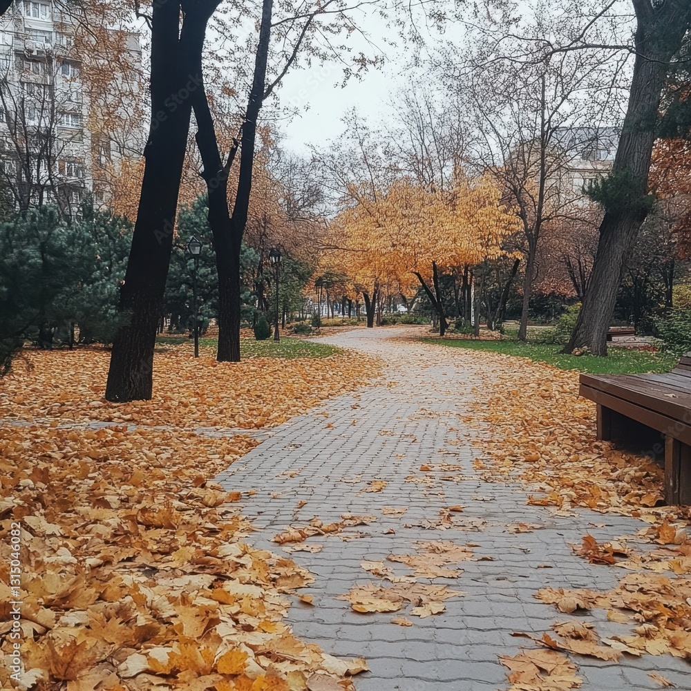Poster serene autumn park scene with a winding path covered in golden leaves creating a peaceful and inviti
