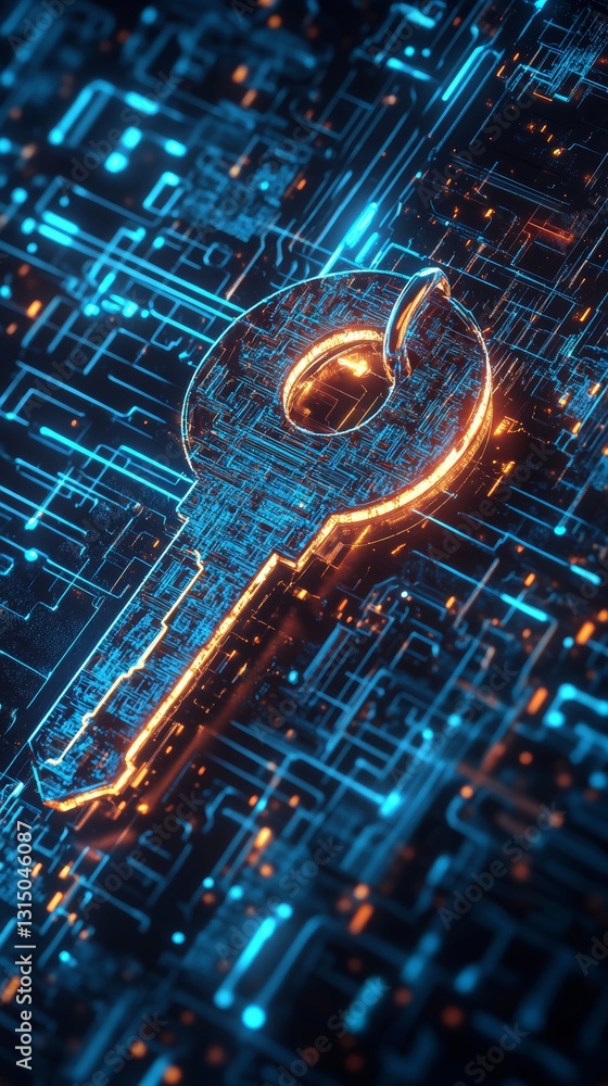Poster this image showcases a digital key set against a backdrop of interconnected circuits, symbolizing se