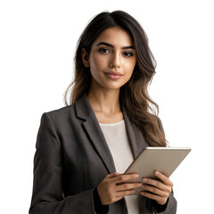 Fototapeta premium Young woman in a black blazer with a tablet, displaying a professional and confident appearance