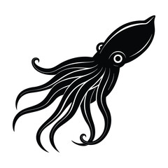 Cuttlefish Silhouette Swimming With Tentacles Slightly Curled On White Background