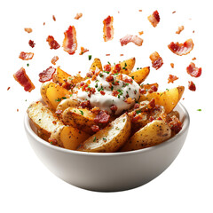 A Bowl of Crispy Potato Wedges with Sour Cream and Bacon Isolated on Transparent Background