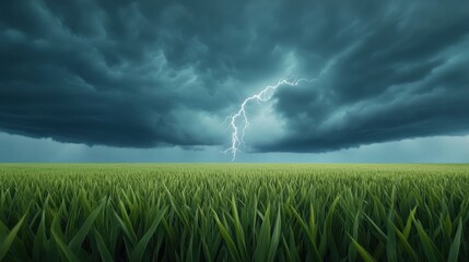 A thunderstorm rolling over an open field, lightning illuminating the dark clouds, cinematic and powerful