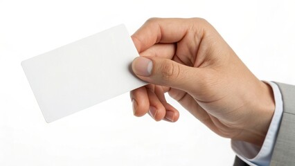 Hand Holding Business Card: A hand in a business suit presenting a clean, blank business card, offering a professional and polished visual with room for adding your own message.