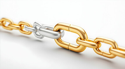 Obraz premium Silver Link Joining A Gold Chain On A White Background Concept Of Teamwork Partnership And Connection
