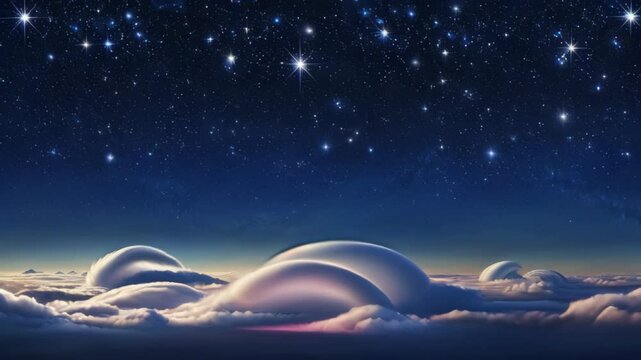 A futuristic scene of floating structures under a vast starry sky, representing advanced technology, space colonization, and utopian architecture. . High quality 4k footage