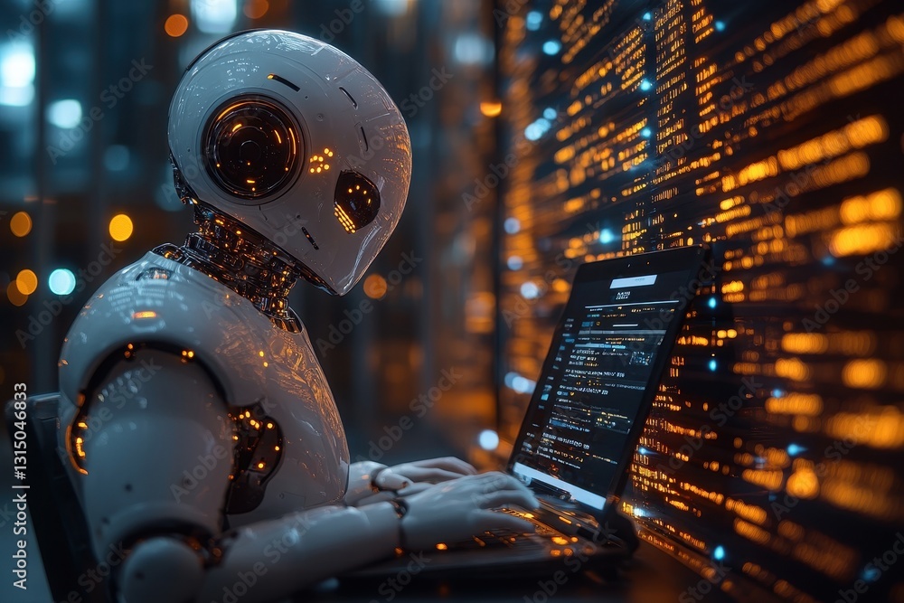 Poster robot programmer working on a laptop with digital data streams in a futuristic setting at night