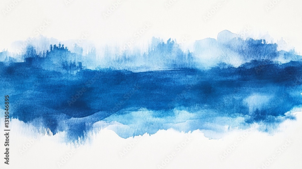 Poster rich layers of blue paint blend to create a tranquil abstract landscape, evoking feelings of calmnes
