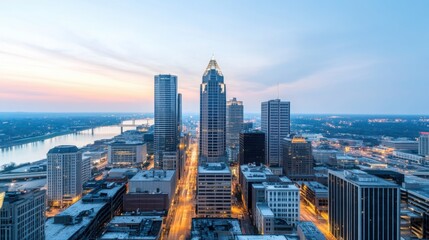Obraz premium A time-lapse of the city skyline at dusk, lights turning on, urban transformation