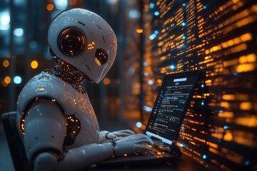 Fototapeta premium Robot programmer working on a laptop with digital data streams in a futuristic setting at night