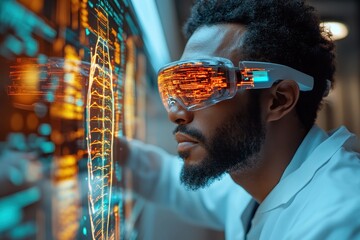 Innovative scientist using augmented reality glasses to analyze complex data in a high-tech laboratory environment