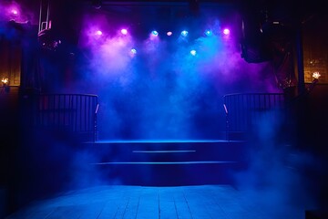 Naklejka premium Captivating scene of an empty stage with vibrant colorful lights and fog, ideal for performances, events, or entertainment-themed projects and visuals.
