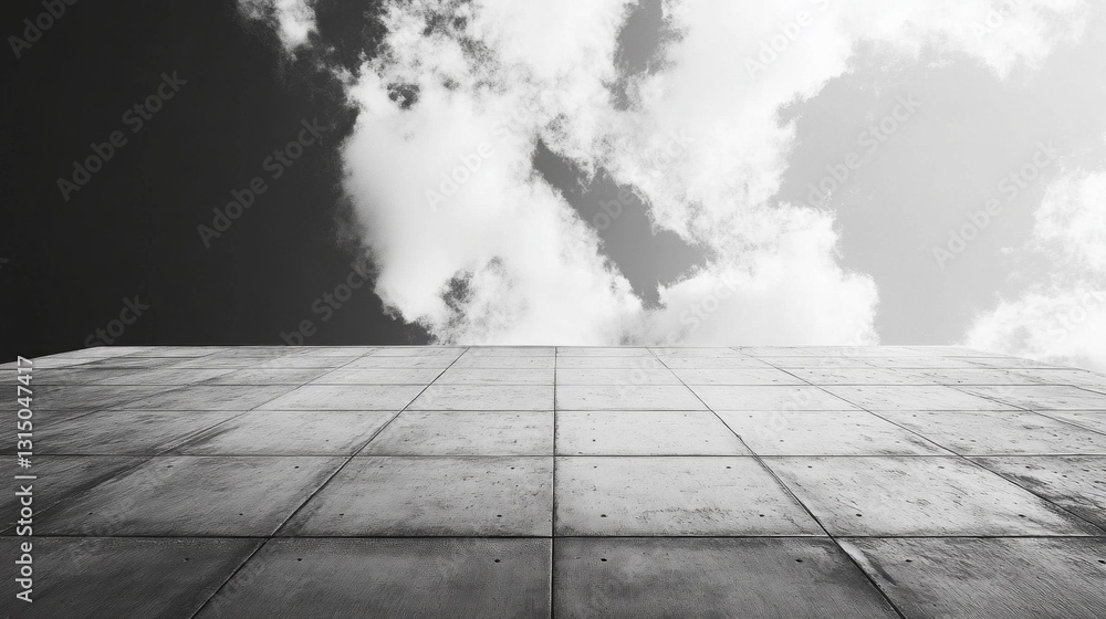 Poster high above the ground, a concrete wall rises against a backdrop of swirling clouds, capturing the te