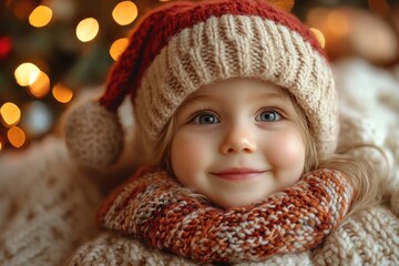 Joyful child wearing cozy winter hat and scarf by the holiday decorations in a warm, softly lit setting during the festive season