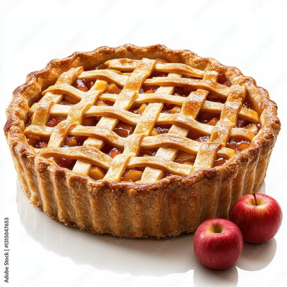 Poster golden crust apple pie with lattice top and red apples on white background for bakery concept