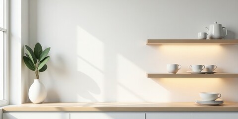 Serene Minimalist Kitchen Design with Sunlight and White Ceramic Tea Set on Light Wooden Shelves