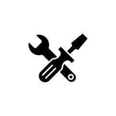 Two black icons of a wrench and screwdriver crossed. simple design ideal for tools and repairs.
