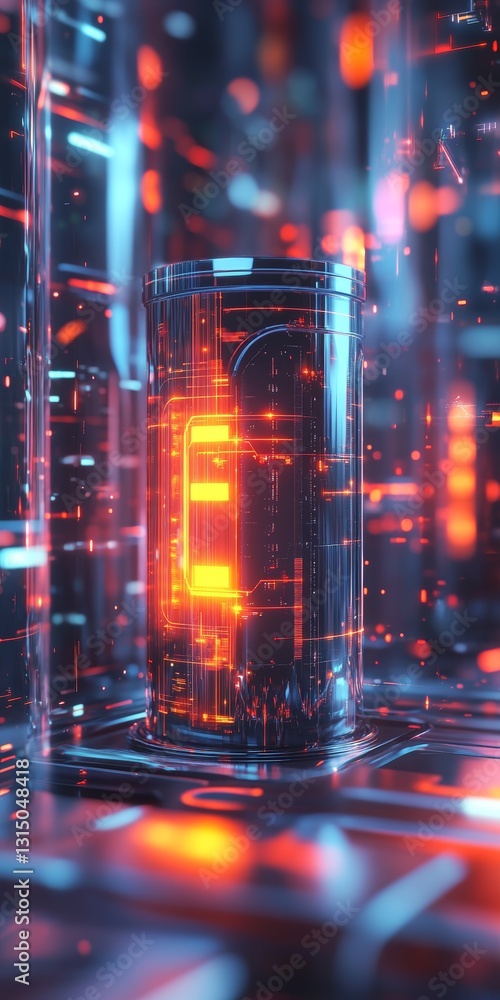 Poster this image showcases a futuristic battery set against a vibrant, neon-lit backdrop. the intertwining