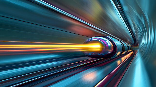 A fully autonomous AI hyperloop speeding through an underground tube.