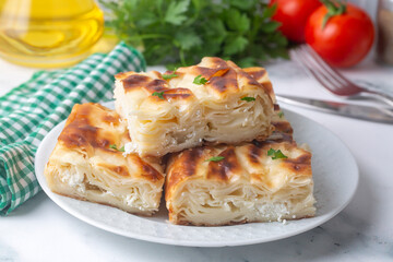 Delicious Turkish food; Tray pastry; (Turkish name; Su boregi)
