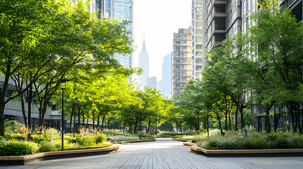Bright Sunlight Illuminates A Lush Urban Park With Green Trees Pathway And Modern Buildings In The Background