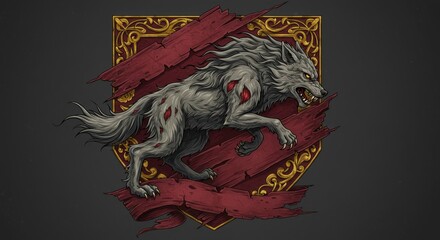 Obraz premium Charging Wolf Heraldic Crest with Windswept Fur